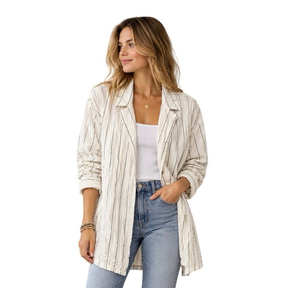 Anthropologie Ivory Black Stripe Crinkle Oversized Duster Jacket Blazer M